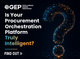 Digital image with a glowing 3D question mark made of blue and orange dots. Text reads: Is Your Procurement Orchestration Platform Truly Intelligent? Find Out. GEP logo and Intelligence Drives Innovation are in the top left corner. Sourcing, Procurement, 3rd Party Risk