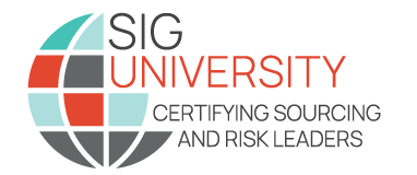 SIG University logo featuring a globe design in teal, gray, and red, with the text SIG UNIVERSITY Certifying Sourcing and Risk Leaders to the right of the globe. Sourcing, Procurement, 3rd Party Risk