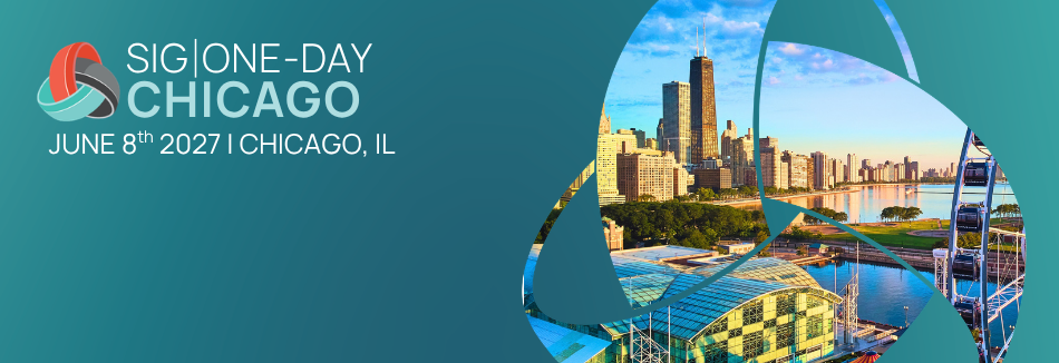 Event banner for SIG One-Day Chicago on June 8th, 2027, in Chicago, Illinois, featuring a skyline view of the city with Navy Pier and a Ferris wheel. Sourcing, Procurement, 3rd Party Risk