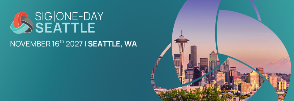 Event banner for SIG|ONE-DAY SEATTLE on November 16, 2027, in Seattle, WA, featuring the city skyline. Sourcing, Procurement, 3rd Party Risk