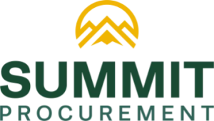 Logo featuring a yellow mountain and sun above the words Summit Procurement in green, with Summit in large bold letters and Procurement in smaller text. The design evokes growth and clarity. Sourcing, Procurement, 3rd Party Risk