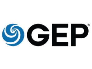 GEP logo with a blue swirl design beside bold black GEP letters on a light gray background, showcasing a modern aesthetic. Sourcing, Procurement, 3rd Party Risk