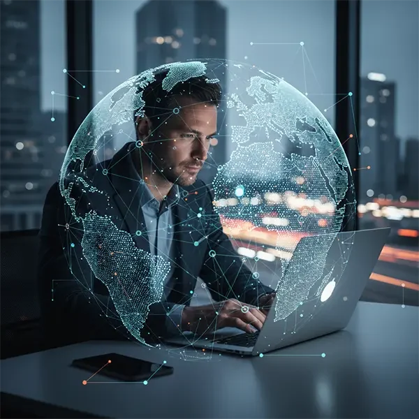 A man in a suit works on a laptop at his desk in an office at night, with a glowing digital globe and network connections superimposed around him, highlighting advanced technology and global connectivity. Sourcing, Procurement, 3rd Party Risk