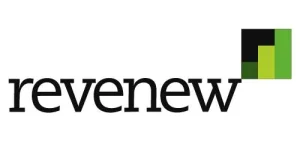 The image shows the word revenew in black lowercase letters, next to a square graphic with three ascending green and black bars, symbolizing growth. Sourcing, Procurement, 3rd Party Risk
