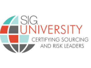 Logo for SIG University featuring a stylized globe with teal, red, and gray segments, symbolizing global sourcing, alongside the text SIG University Certifying Sourcing and Risk Leaders on a light background. Sourcing, Procurement, 3rd Party Risk