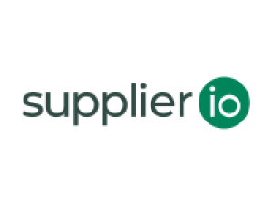 The image features the supplier.io logo, displaying "supplier" in dark green lowercase letters and "io" in white lowercase inside a solid green circle, set against a light gray background. Sourcing, Procurement, 3rd Party Risk